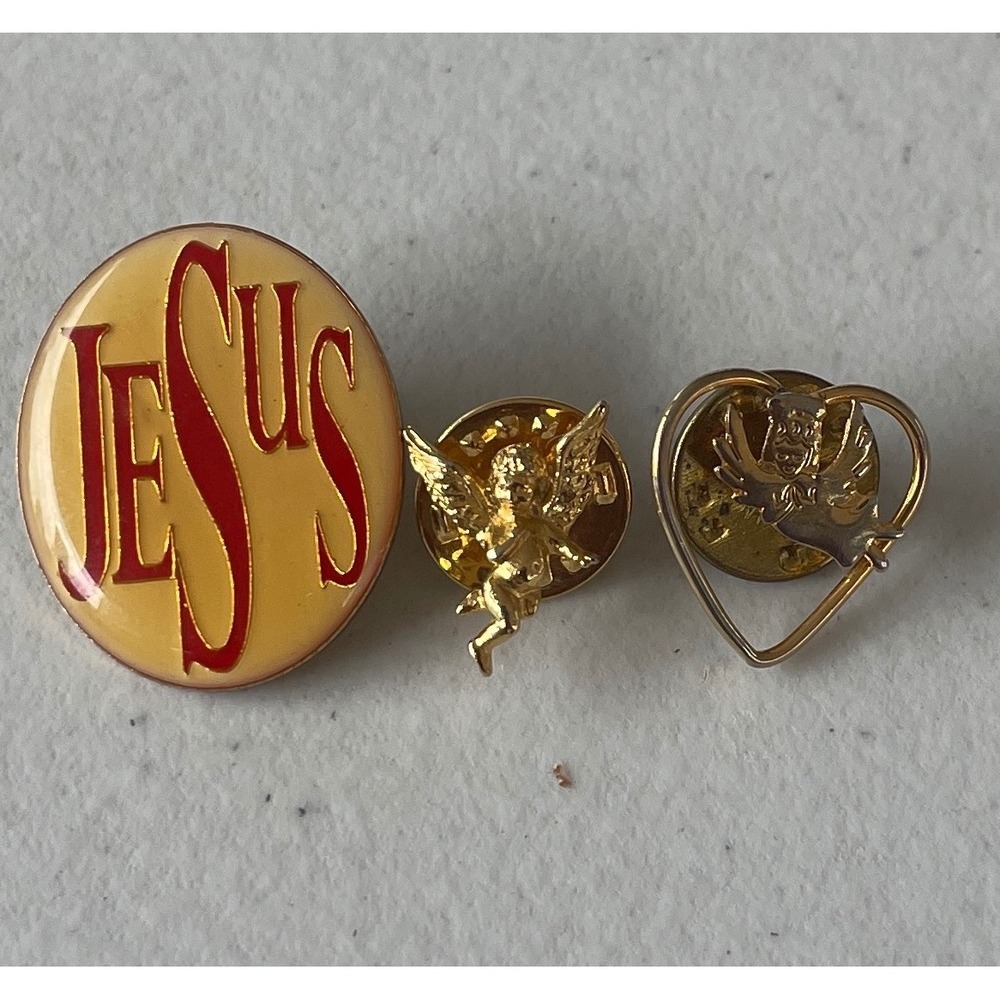 Vintage Religious Lapel Pin Lot Jesus Enamel Gold Tone Cherub Angel Heart 3pc